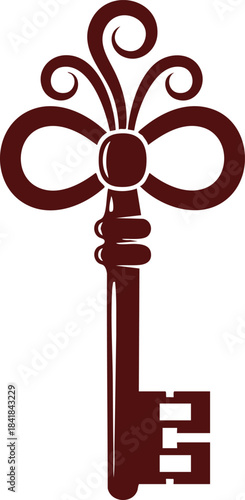 Ornate vintage skeleton key vector illustration, antique filigree key silhouette, symbol of secrecy and access.
