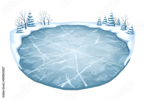 Frozen lake with cracked ice surrounded by snowy winter trees and bare branches, illustrating a serene and chilly natural landscape.