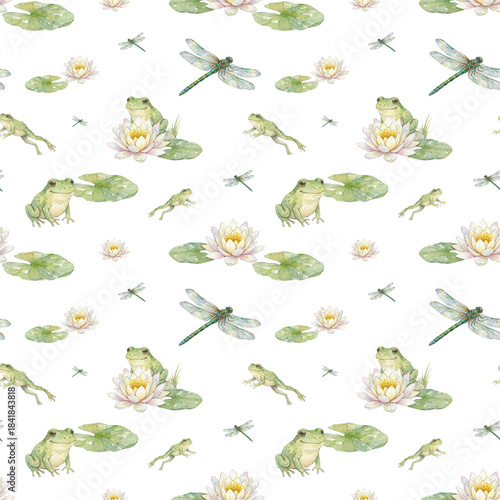 Watercolor Frog and Dragonfly Seamless Pattern