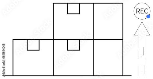 Logistics, storage, supply chain, organization, video monitoring, packaging. Stacked boxes with an upward arrow and recording symbol. Logistics and storage concepts with these elements