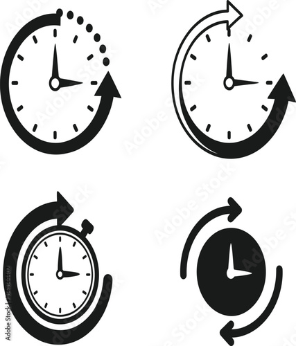 Various clock and timer illustrations Four rotating clocks