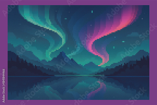 Halftone Northern Lights Landscape Vector Art, Colorful Aurora Borealis Mountain Lake Reflection, Retro Dot Pattern Night Sky Nature Scenic Poster Print Design