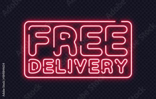 Bright neon label showing free delivery message on dark background. Eye-catching glowing ad for fast shipping promotions.