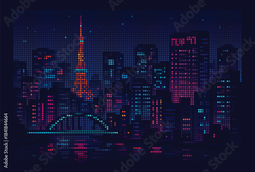 Neon Halftone City Skyline Night Vector Art, Glowing Urban Skyscrapers River Reflection, Modern Pixel Pointillism Tech Background, Vibrant Digital Metropolis Poster