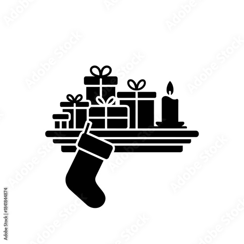 A minimalist silhouette showing a mantel adorned with wrapped gifts and a lit candle.