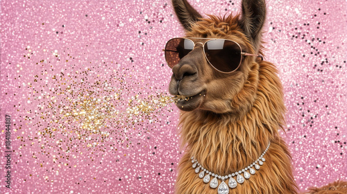 Cool Llama with Sunglasses and Diamond Necklace Spitting Glitter