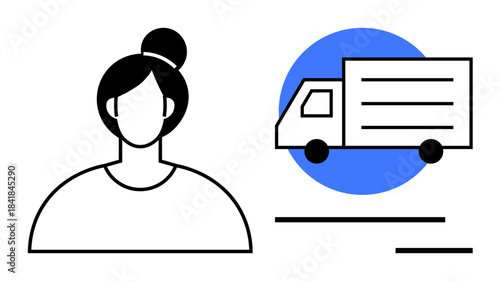 E-commerce, delivery services, logistics, online shopping, transportation, customer identity. Minimalistic illustration a woman s profile and a delivery truck. E-commerce and delivery services