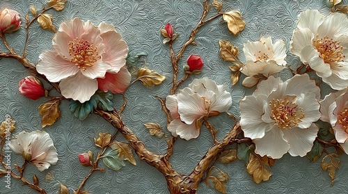 Intricate 3D wall art of blooming forest scene with textured trees and vibrant flowers in cream, pink, red, and orange tones