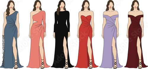 Elegant evening gown illustration, fashion diversity sketch, formal dress styles, color variety, female figure vector, cad drawing flat vector illustration