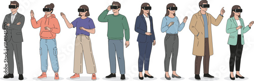 Group of diverse people wearing VR headsets, interacting with virtual environment, immersive tech, digital experience, future technology, innovation