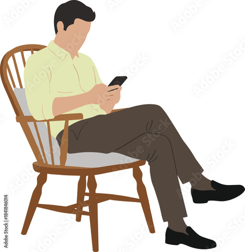 Person sitting in cushioned chair, using smartphone, relaxed posture, digital lifestyle, modern tech habits, indoor scene, casual clothing