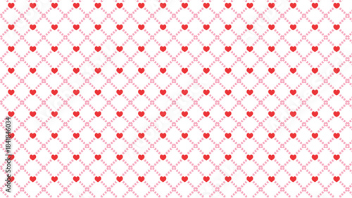 Seamless pattern of red hearts and pink dots forming a diamond grid on white love background