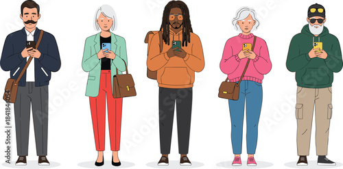 Smartphone users illustration, digital behavior sketch, casual fashion, tech engagement, social connectivity, vector drawing, cad drawing flat vector illustration