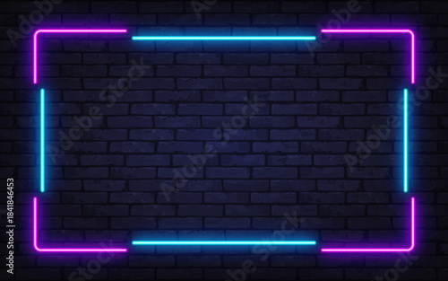 Stylish neon frame in blue and pink tones glowing on a dark brick wall. A modern retro-futuristic background perfect for nightlife ads or music posters.