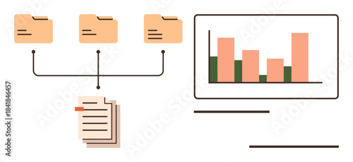 Connected file folders leading to stacked documents, linked to a bar chart screen. Ideal for data management, analytics, workflow, organization, document sharing, productivity, simple flat metaphor