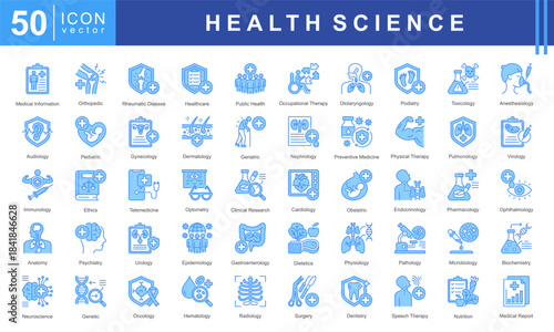 Health Science icon set featuring medical information, diagnostics, clinical specialties, therapies, and research fields including cardiology, neurology, microbiology, oncology, and nutrition.