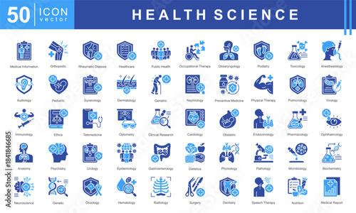 Health Science icon set featuring medical information, diagnostics, clinical specialties, therapies, and research fields including cardiology, neurology, microbiology, oncology, and nutrition.