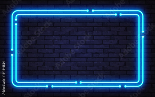Glowing blue neon frame with circuit-style lines on a dark brick wall. Futuristic cyber design perfect for tech ads, banners, or digital themes.