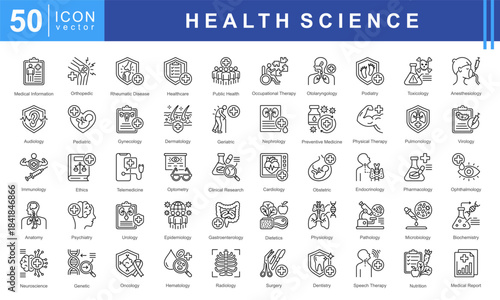 Health Science icon set featuring medical information, diagnostics, clinical specialties, therapies, and research fields including cardiology, neurology, microbiology, oncology, and nutrition.