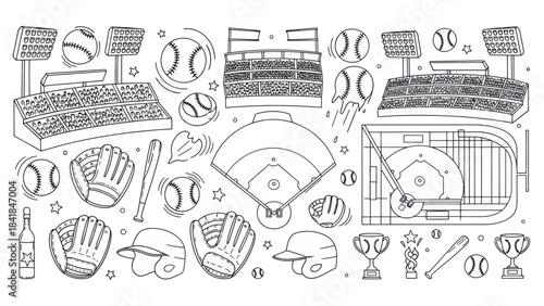 Baseball equipment and field doodle style illustration for sports theme