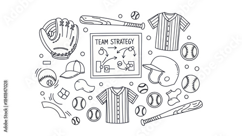 Baseball equipment and strategy illustration against white background