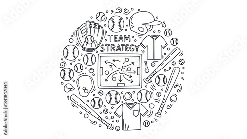 Baseball equipment and strategy illustration on white background