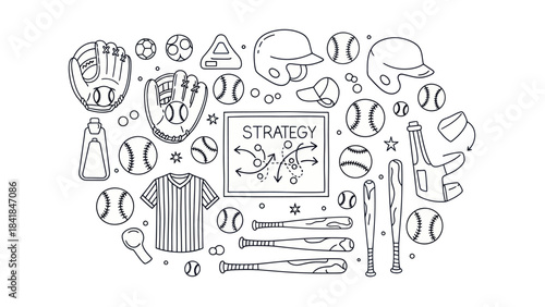 Baseball equipment and strategy graphic vector illustration on white