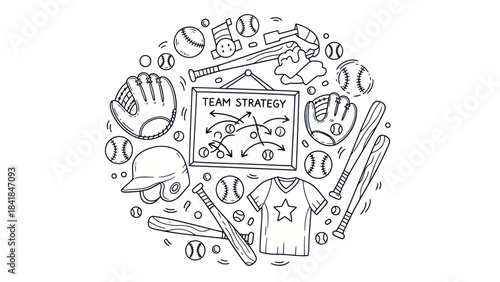 Baseball equipment and strategy illustration on white background