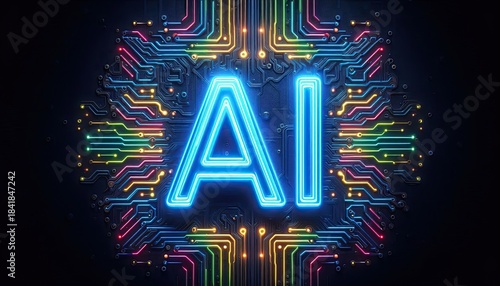 Illuminated AI Chip: A stylized image of the letters AI, glowing with vibrant neon light, rests atop a meticulously crafted circuit board, encapsulating the essence of artificial intelligence.