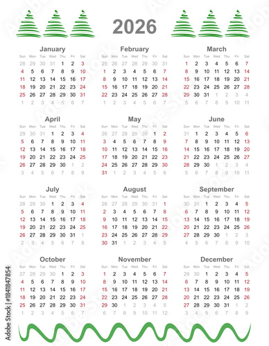 Calendar vector template for 2026 year. Week Starts on Sunday. Transparent SVG version.