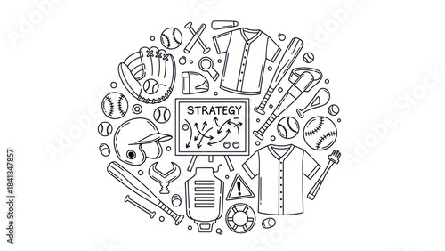 Baseball equipment doodle circle composition for design and business concept