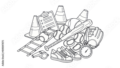 baseball equipment black and white sketch clip art preview
