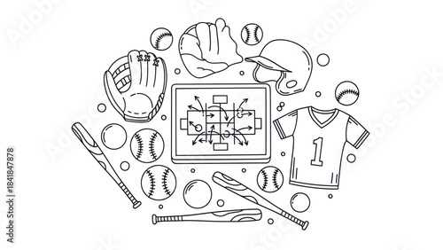 Baseball equipment illustration balls bats and tactics diagram in outline