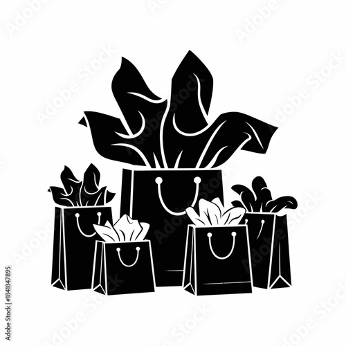 A minimalist design showcases a collection of black and white shopping bags with stylized paper elements peeking out.