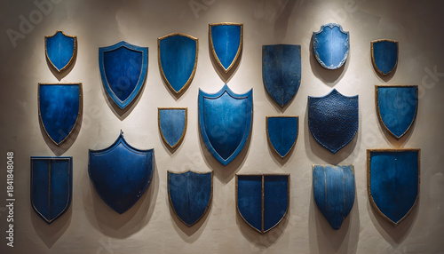 A collection of blue shields displayed on a wall