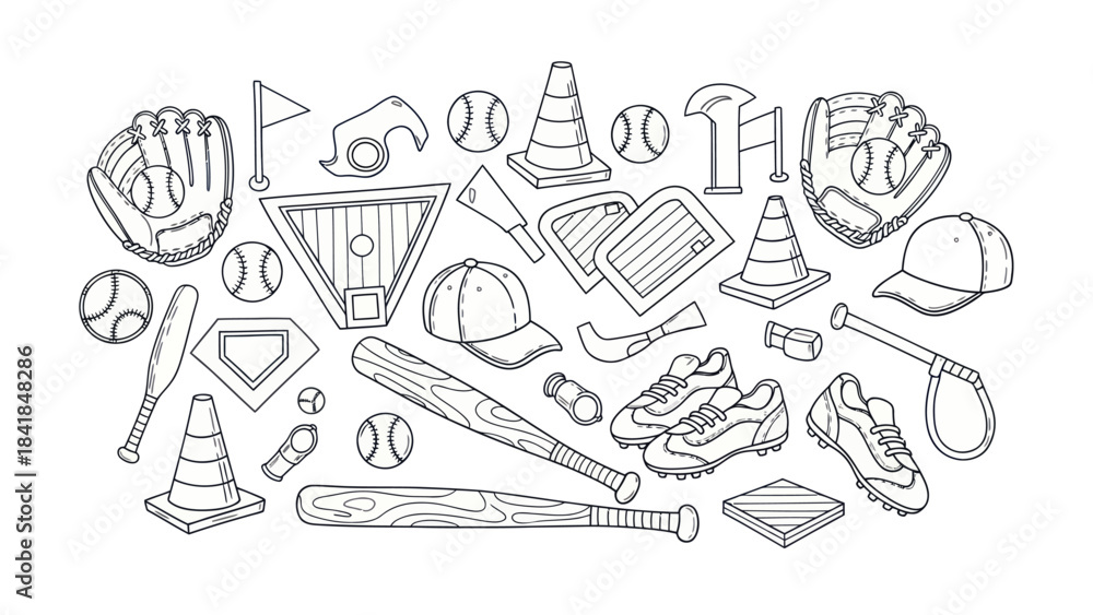 Fototapeta premium Baseball equipment illustration bats balls glove cone and more