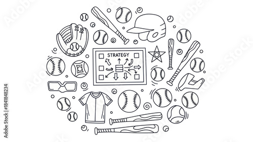 Baseball equipment illustration bats balls glove and strategy graphic