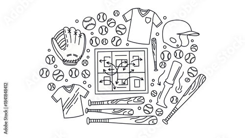Baseball equipment illustration bats balls glove helmets uniforms and strategy