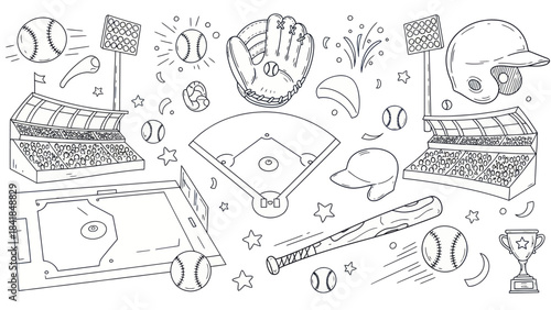 Baseball equipment illustration bats balls gloves helmets stadiums and more