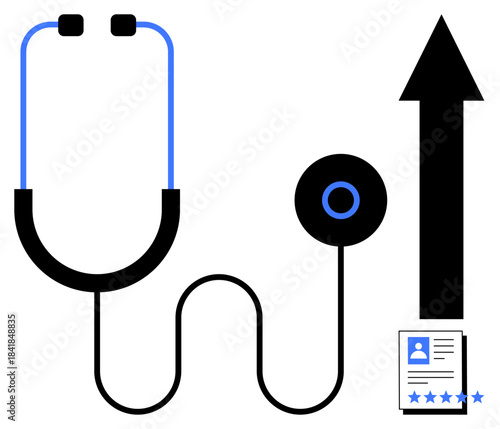 Stethoscope connected to an upward arrow and a professional profile with star ratings, emphasizing healthcare career growth, professional development, and job performance. Ideal for medical hiring