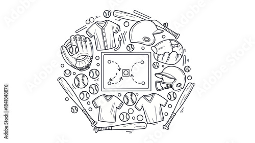 Baseball equipment illustration bats balls helmets gloves and uniforms