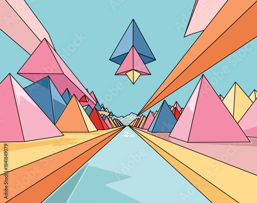 Surreal Panoramic Landscape Background with Geometric 3d Style Shapes. Dreamlike Multicolor Minimal Wallpaper of Fantastic Hills and Water Path Reflections in Clear Light Blue sky