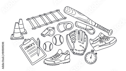 Baseball equipment illustration training gear sport items coaching tools