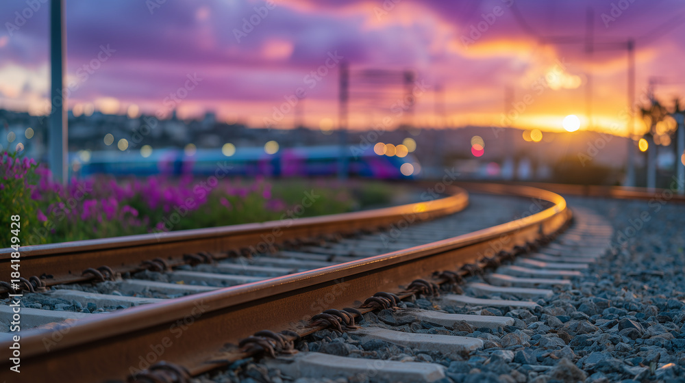 Obraz premium Cinematic sunset over railroad tracks, rails curving slightly toward a train in the background, rich golden and purple hues blending in the sky, peaceful yet dramatic mood