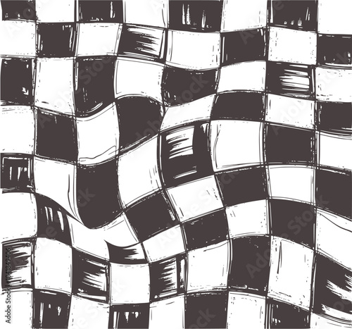 Black and white abstract irregular checkered texture with handdrawn strokes