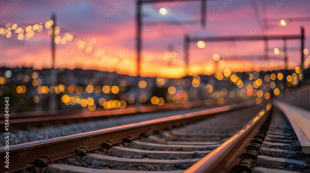 Obraz premium Soft glowing sunset over railway tracks, glowing highlights along metal rails, gentle bokeh of a distant train approaching, sky filled with layered golden, lavender, and coral tone