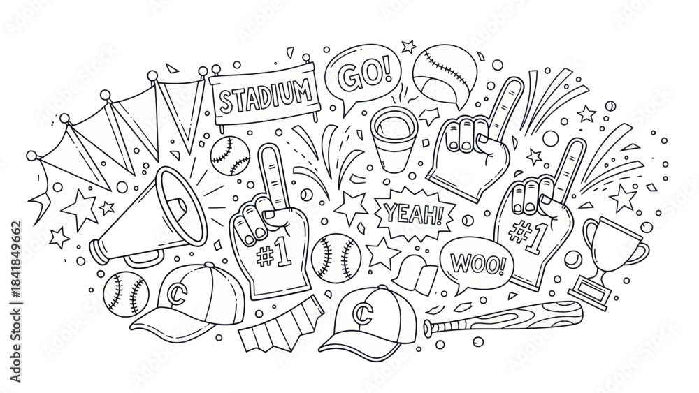 Fototapeta premium Baseball game accessories doodle illustration isolated on white background