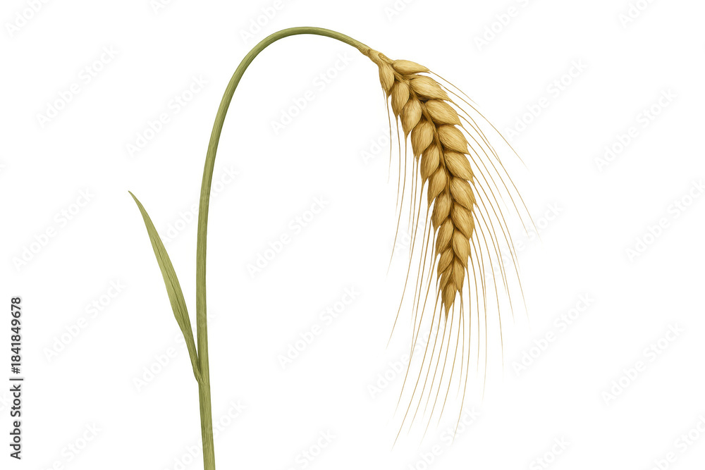 Obraz premium Wheat ear with golden seeds on a green stalk, symbolising natural food, harvest, and cultivation. Transparent background