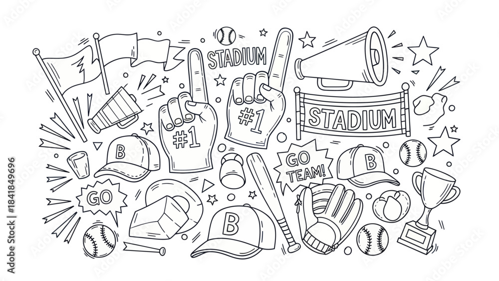 Fototapeta premium Baseball game accessories doodle illustration isolated on white background