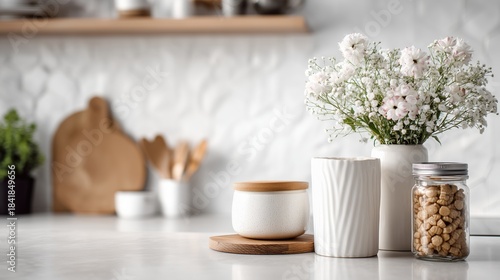 Vases and jars on a kitchen counter with flowers and decor items in a home setting during the day. Cloud Dancer Pantone color of the year 2026